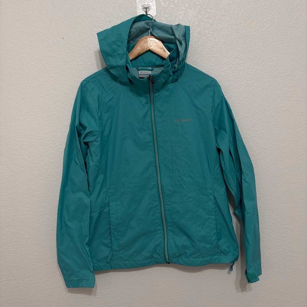 Columbia Womens Teal Blue Hooded Windbreaker Jacket Full Zip Mesh Lined Large